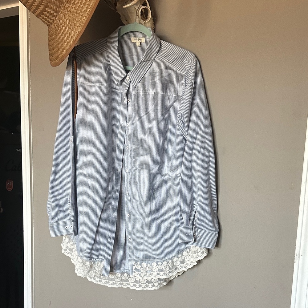 Striped Button-Up Shirt with Lace Hem